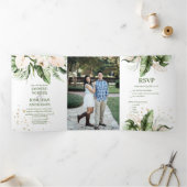 Blush Tropical Greenery Photo Wedding  Drieluik Uitnodiging (Binnen)