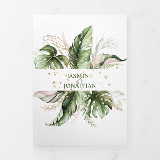 Blush Tropical Greenery Photo Wedding  Drieluik Uitnodiging (Cover)