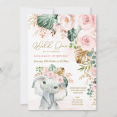 Blush Tropische Floral Elephant 1e verjaardag Kaart (Voorkant)