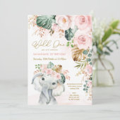 Blush Tropische Floral Elephant 1e verjaardag Kaart (Staand voorkant)
