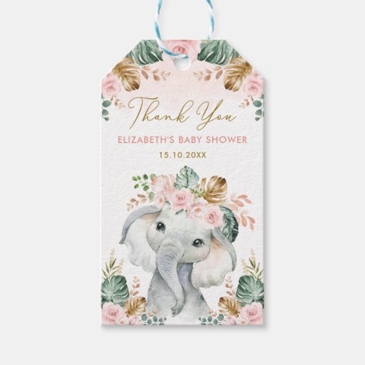 Blush Tropische ventilator Elephant Girl Baby show Cadeaulabel (Voorkant)