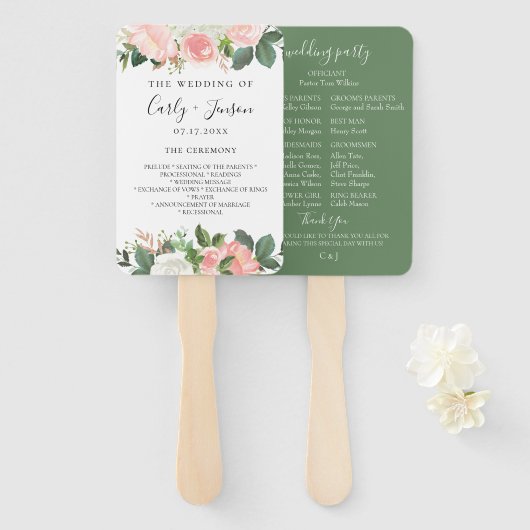 Blush Tuin Bloemen Trouwprogramma Hand Fans Handwaaier (Voorkant en achterkant)