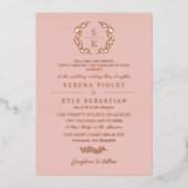 Blush Typografie Laurel Wreath Monogram Wedding Folie Uitnodiging (Voorkant)