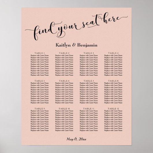 Blush, Typografie Wedding Reception Seating Chart Poster (Voorkant)