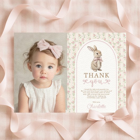 Blush Vintage Bunny Pink Bow Birthday Girl Bedankkaart