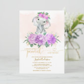 Blush Violet Floral Greenery Elephant baby shower Kaart (Staand voorkant)