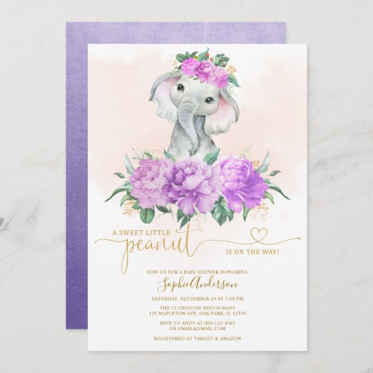 Blush Violet Floral Greenery Elephant baby shower Kaart (Voorkant / Achterkant)