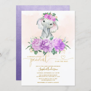 Blush Violet Floral Greenery Elephant baby shower Kaart