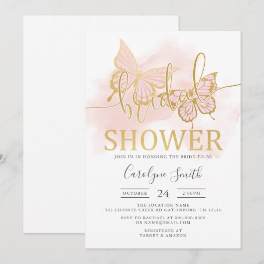 Blush Vrijgezellenfeest Butterfly-uitnodiging Kaart (Voorkant / Achterkant)