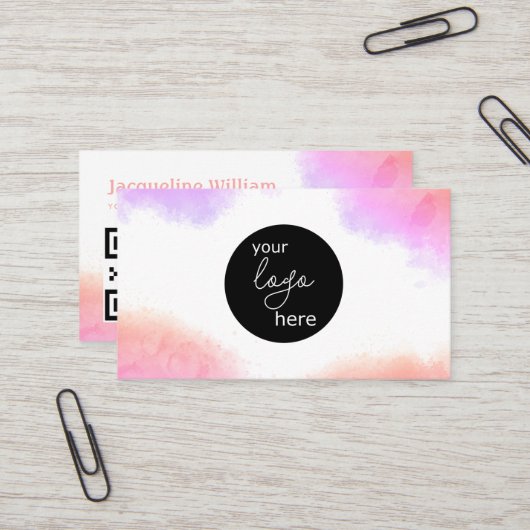 Blush Watercolor Aangepast Logo QR Code Visitekaartje (Voorkant / Achterkant in situ)
