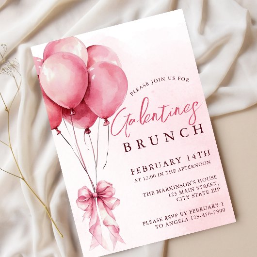 Blush Watercolor Balloon Galentines Brunch  Kaart