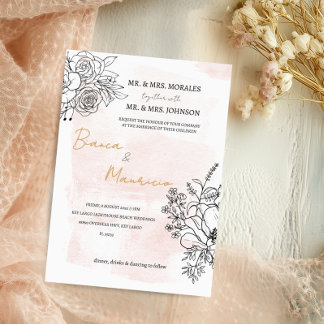Blush Watercolor & Black Floral Elegant Wedding Kaart