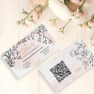 Blush Watercolor & Black Floral Modern QR Wedding  Informatiekaartje