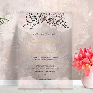 Blush Watercolor & Black Floral Wedding  Acryl Uitnodigingen