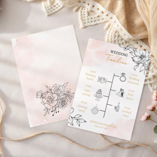 Blush Watercolor & Black Floral Wedding Timeline Programmakaart