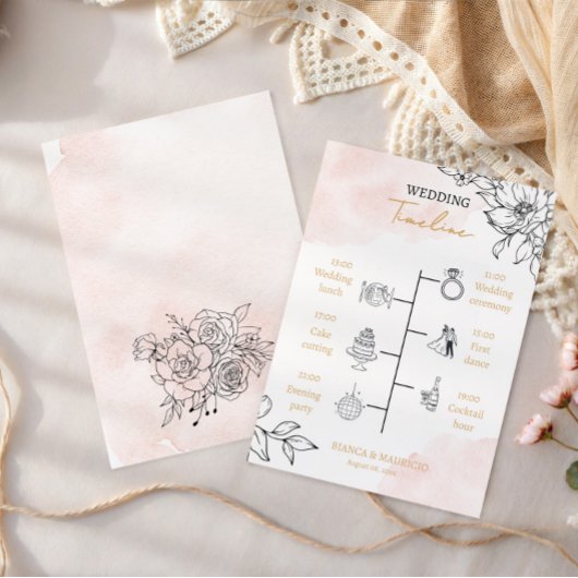 Blush Watercolor & Black Floral Wedding Timeline Programmakaart