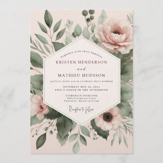 Blush Watercolor Botanical Wedding Kaart (Voorkant)