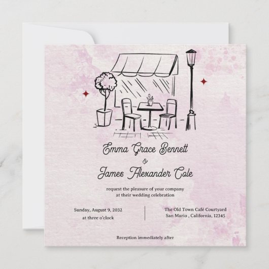 Blush Watercolor Café Illustration Wedding Invite (Voorkant)