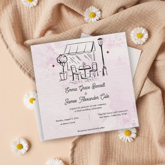 Blush Watercolor Café Illustration Wedding Invite