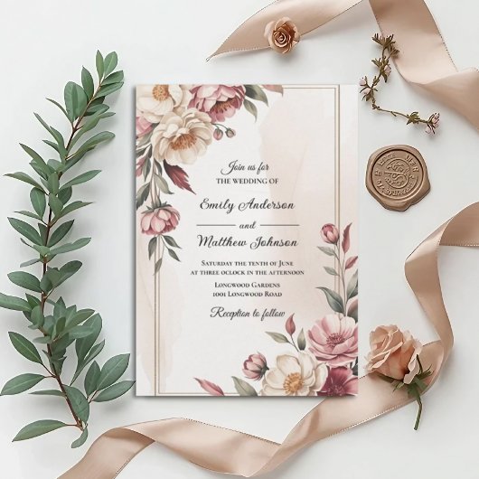 Blush Watercolor Floral Frame Wedding Invitation Kaart