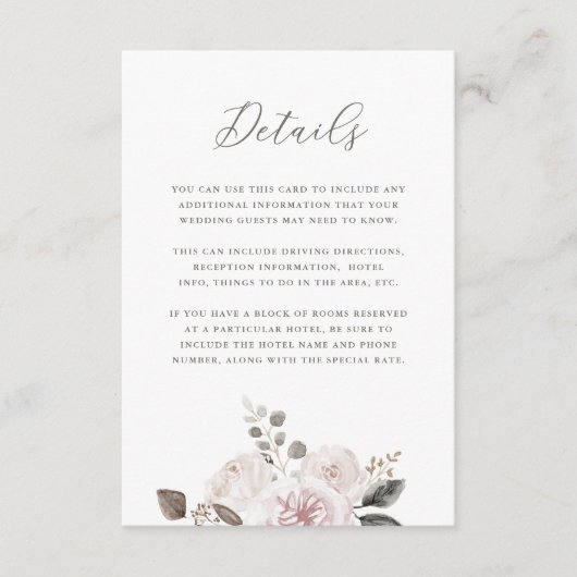 Blush Watercolor Gedempte Bloemen | Gastdetails Informatiekaartje (Voorkant)