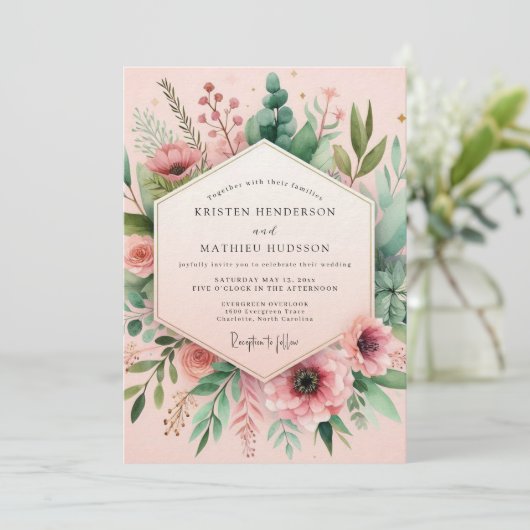 Blush Watercolor Meadow Wedding Kaart (Staand voorkant)