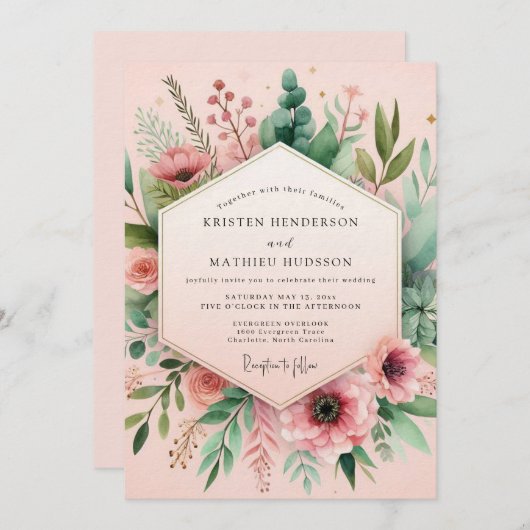 Blush Watercolor Meadow Wedding Kaart (Voorkant / Achterkant)