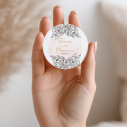 Blush Watercolor with Elegant Black Floral Ronde Sticker