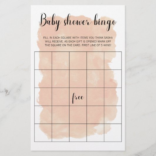 Blush Waterverf Baby shower Bingo Game (Voorkant)