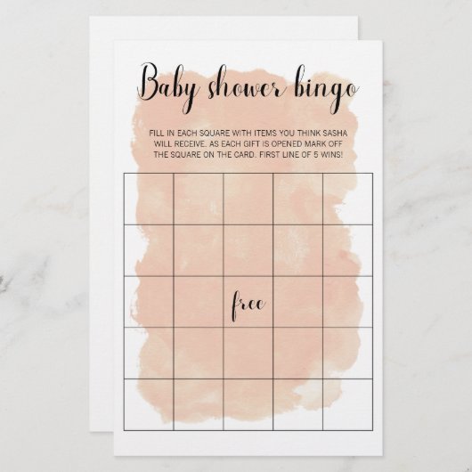Blush Waterverf Baby shower Bingo Game (Voorkant / Achterkant)