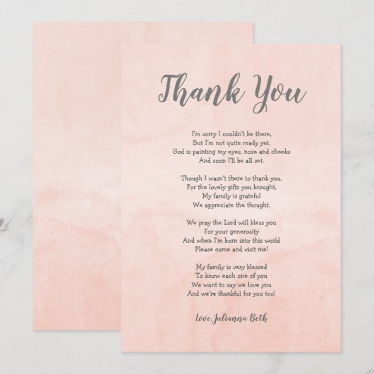 Blush waterverf Baby shower Opmerking + gedicht Bedankkaart (Voorkant / Achterkant)