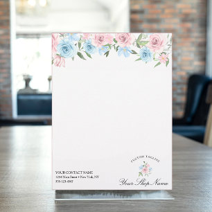 Blush waterverf blauw & roze rozen, Bedrijfsnaam Briefhoofd