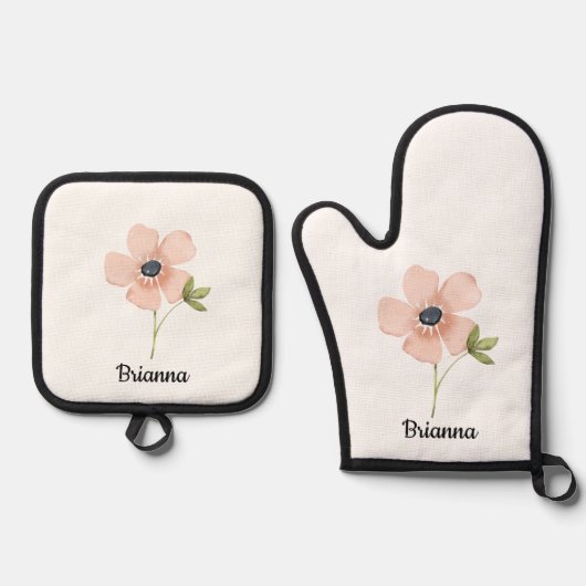 Blush Waterverf Bloem Naam Ovenwant & Pannenlap Set (Voorkant)