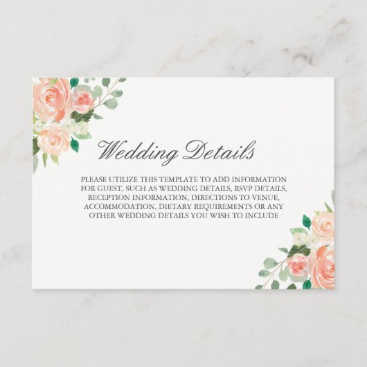 Blush Waterverf Bloemen Bruiloft Receptie Details Informatiekaartje (Voorkant)