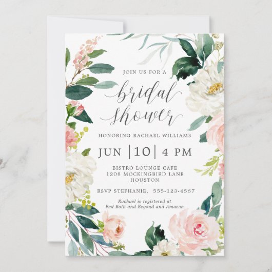 Blush Waterverf Bloemen Vrijgezellenfeest Kaart (Voorkant)