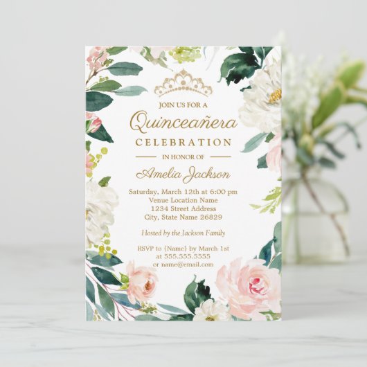 Blush Waterverf bloemenkrans quinceanera Kaart (Staand voorkant)