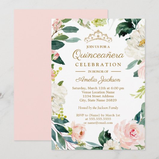 Blush Waterverf bloemenkrans quinceanera Kaart (Voorkant / Achterkant)