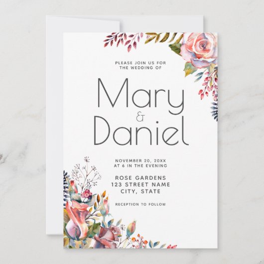 Blush Waterverf Bloemenrand Elegante bruiloft Kaart (Voorkant)