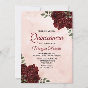 Blush Waterverf Burgundy Red Rose Quinceanera Kaart