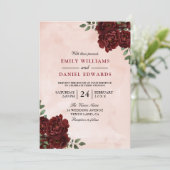 Blush Waterverf Burgundy Red Rose Wedding Kaart (Staand voorkant)