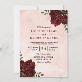 Blush Waterverf Burgundy Red Rose Wedding Kaart