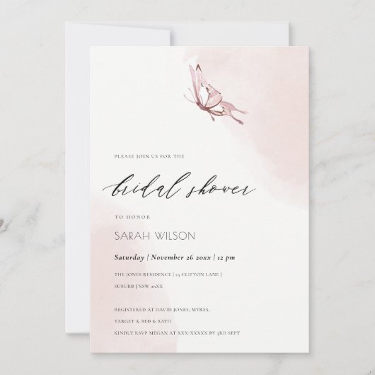 BLUSH WATERVERF BUTTERFLY VRIJGEZELLENFEEST INVITE BEDANKKAART (Voorkant)