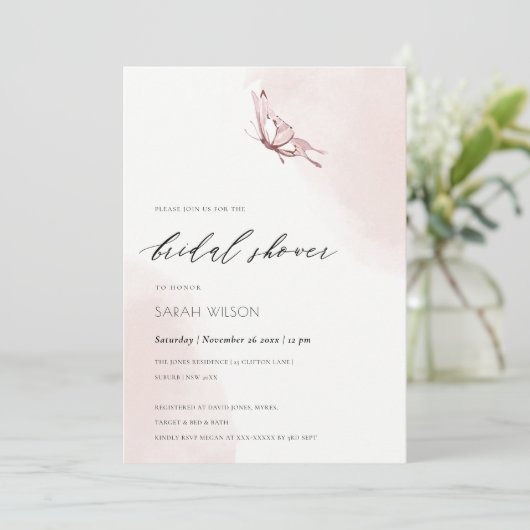 BLUSH WATERVERF BUTTERFLY VRIJGEZELLENFEEST INVITE BEDANKKAART (Staand voorkant)