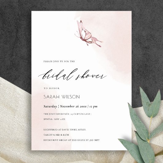 BLUSH WATERVERF BUTTERFLY VRIJGEZELLENFEEST INVITE BEDANKKAART