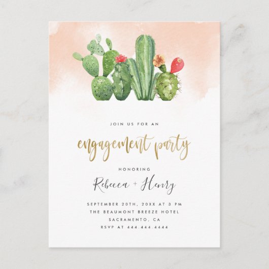 Blush Waterverf & Cactus Engagement Party Uitnodiging Briefkaart (Voorkant)