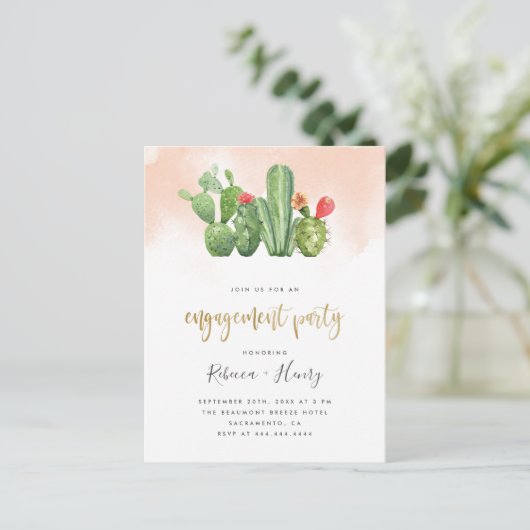 Blush Waterverf & Cactus Engagement Party Uitnodiging Briefkaart (Staand voorkant)