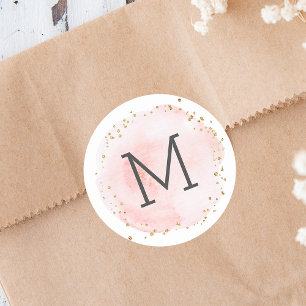 Blush Waterverf Circle Gouden Stippen Monogram Ronde Sticker