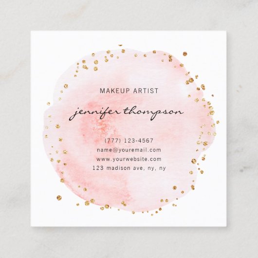 Blush Waterverf Cirkel Gold Stippen Vierkante Visitekaartje (Achterkant)