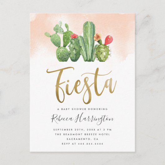 Blush Waterverf en Cactus Fiesta Baby shower Uitnodiging Briefkaart (Voorkant)
