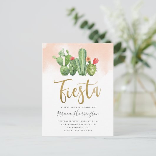 Blush Waterverf en Cactus Fiesta Baby shower Uitnodiging Briefkaart (Staand voorkant)